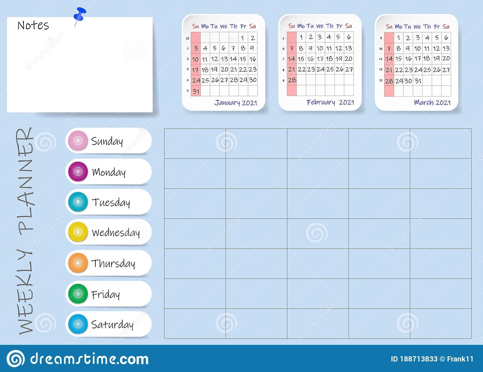 Calendar Of First Quarter Of 2021 Year With Weekly Planner