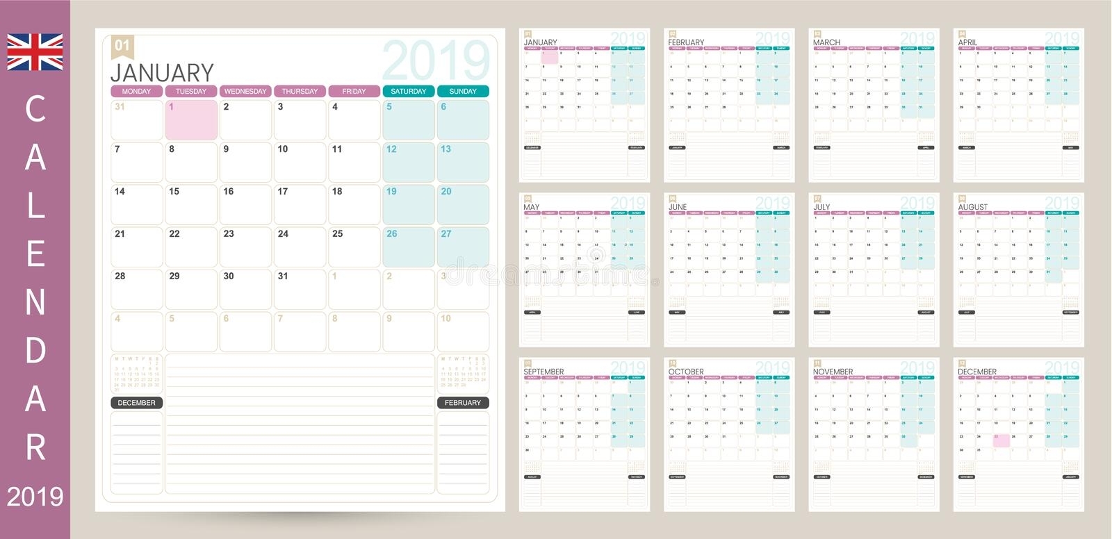 Calendario Inglese - Aprile 2019 Illustrazione Vettoriale