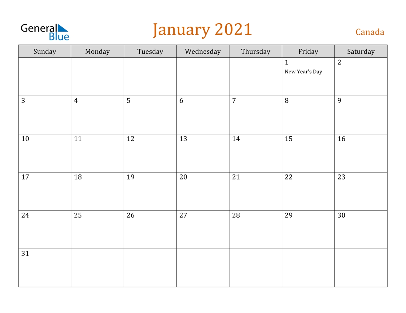 Canada January 2021 Calendar With Holidays