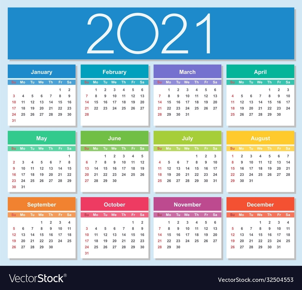 Colorful Year 2021 Calendar Week Starts On Sunday Vector Image