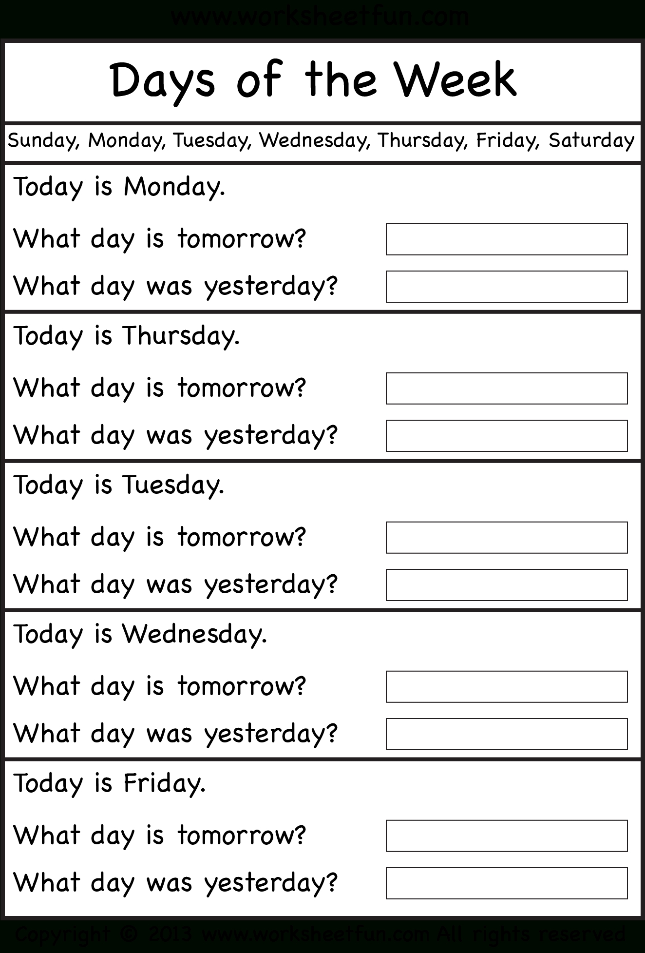 Days Of The Week - Worksheet / Free Printable Worksheets