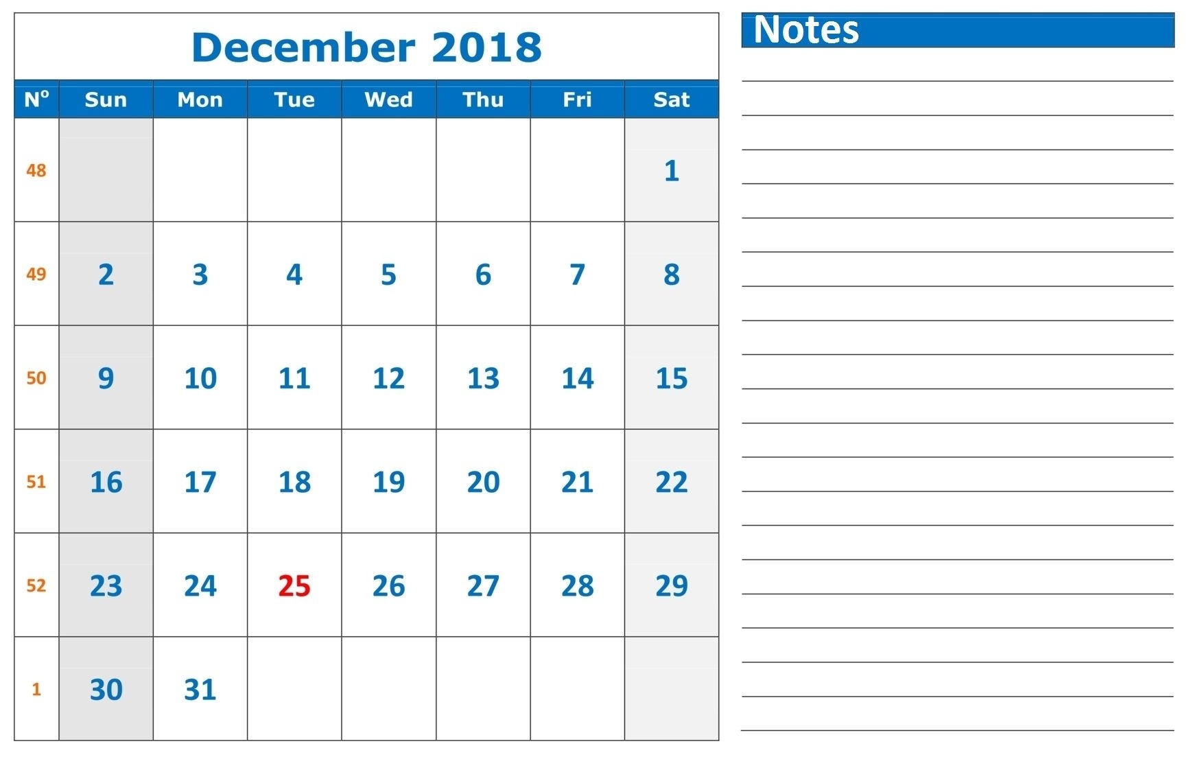 December 2018 Google Sheet With Notes | Calendar Template