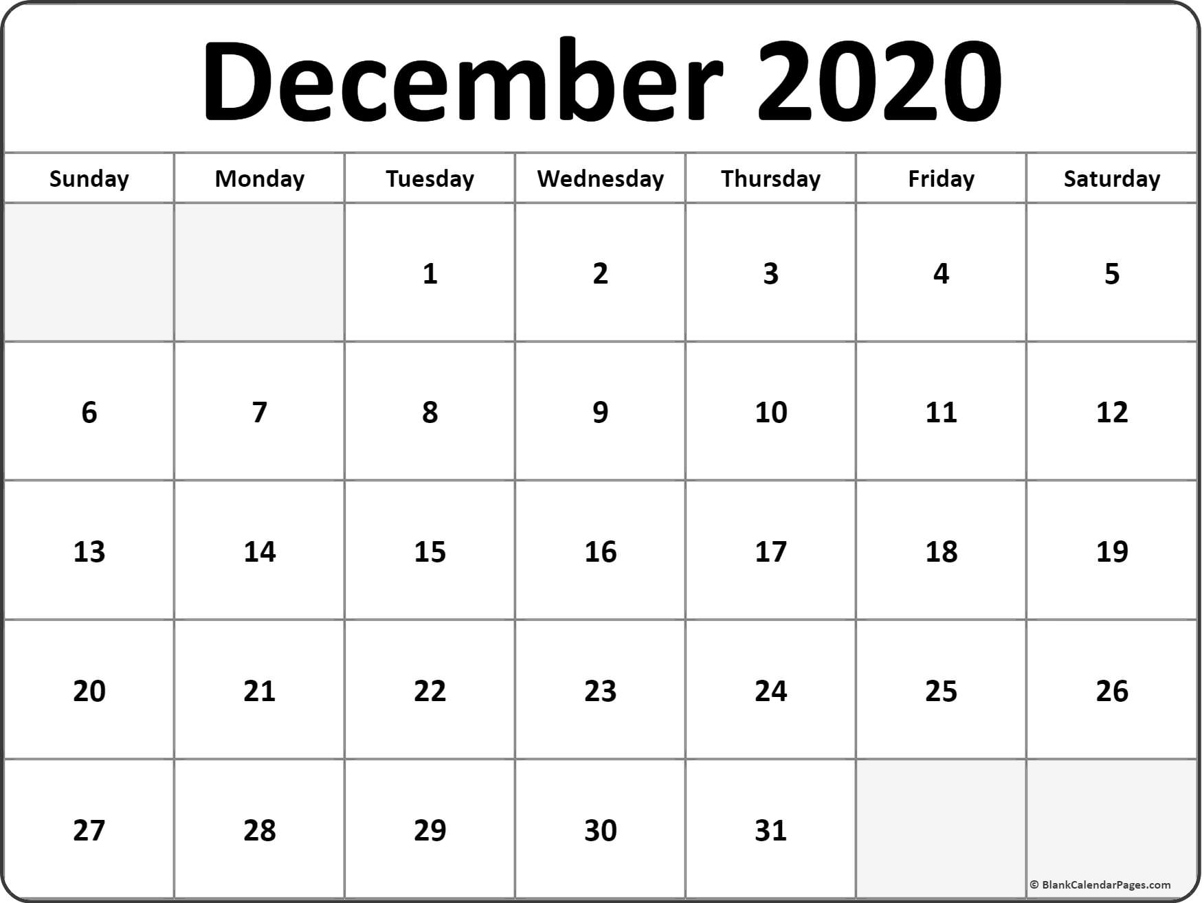 December 2020 Blank Calendar Templates.