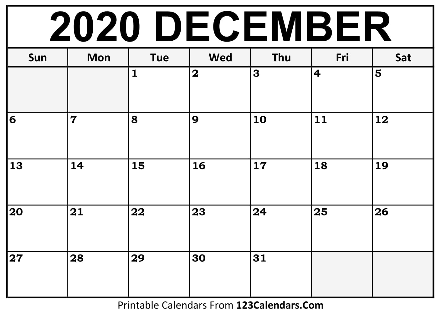December 2020 Printable Calendar | 123Calendars