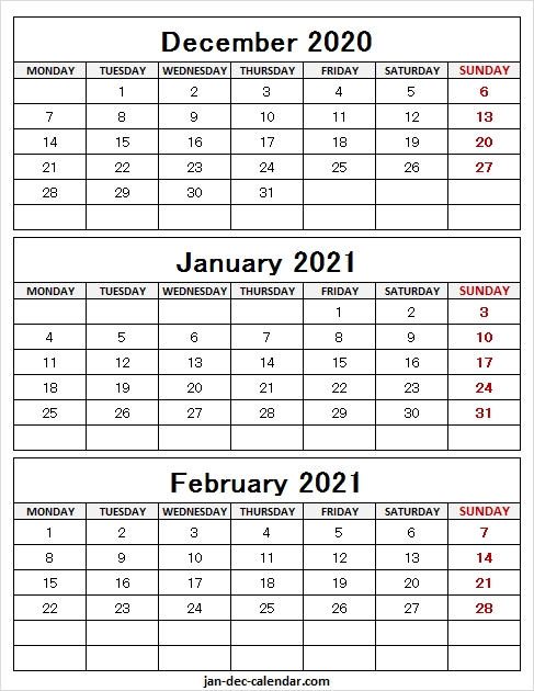 December 2020 To February 2021 Calendar Free - Three Month