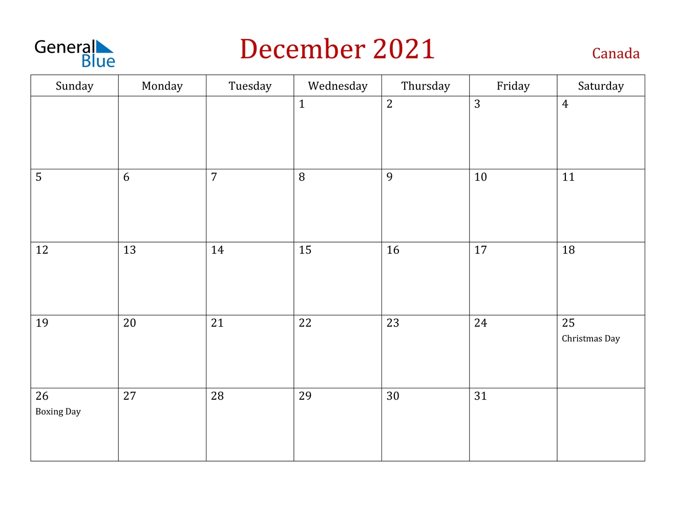 December 2021 Calendar - Canada