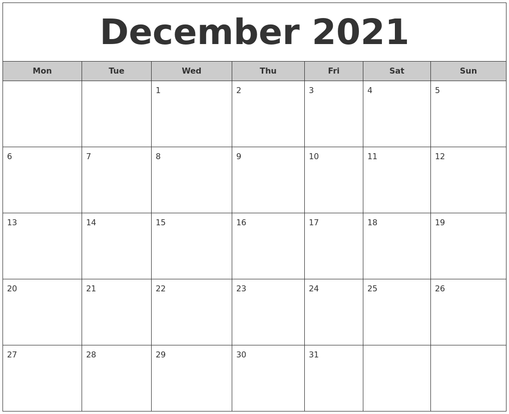 December 2021 Free Monthly Calendar