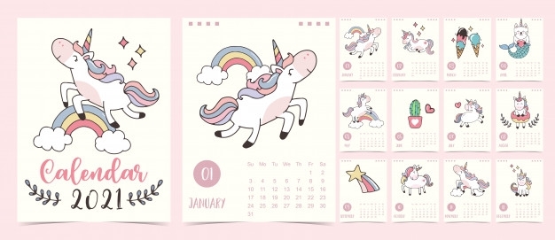 Doodle Pastel Calendar Set 2021 With Unicorn,Rainbow,Ice