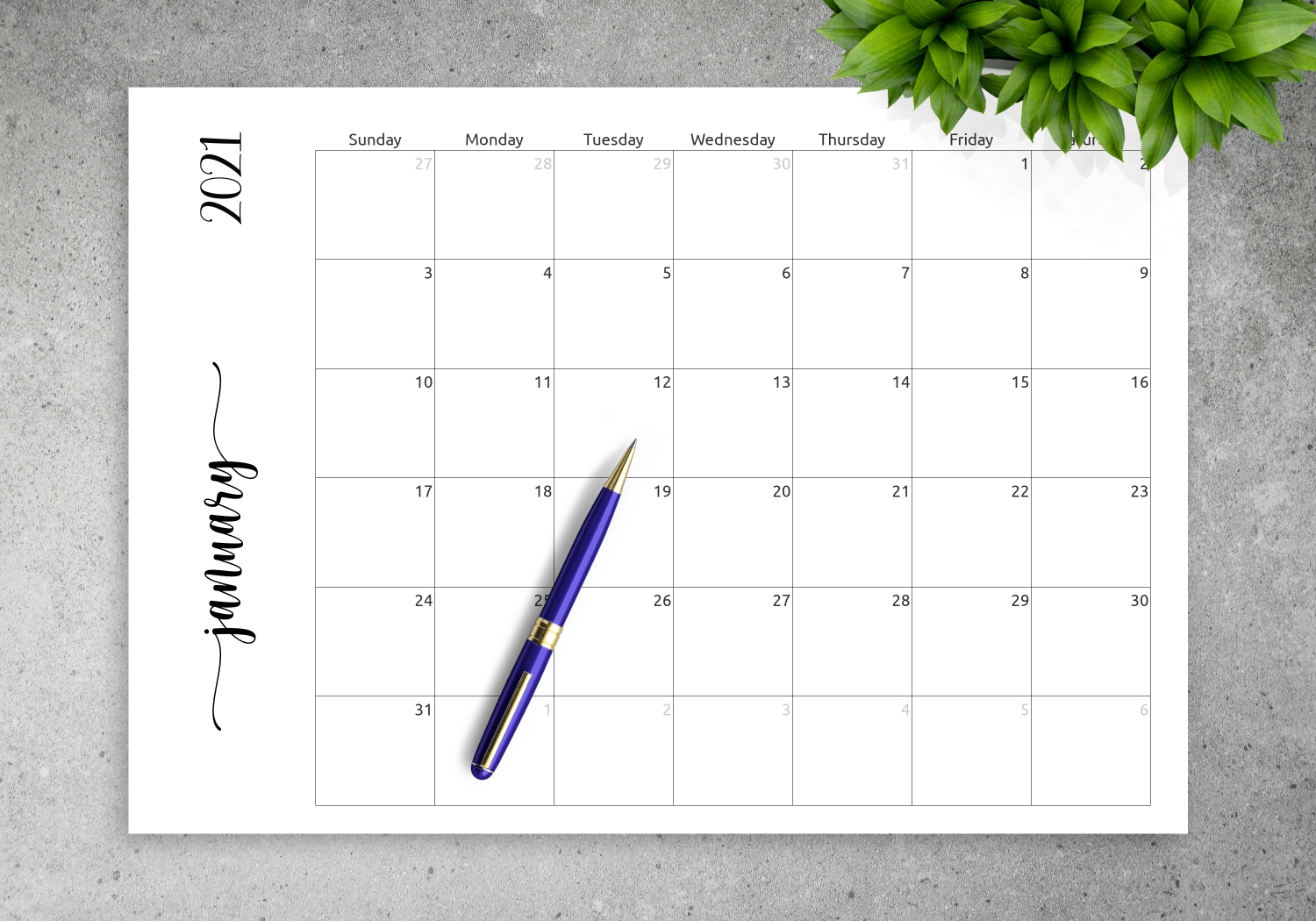 Download Printable Simple Monthly Calendar Horizontal Pdf