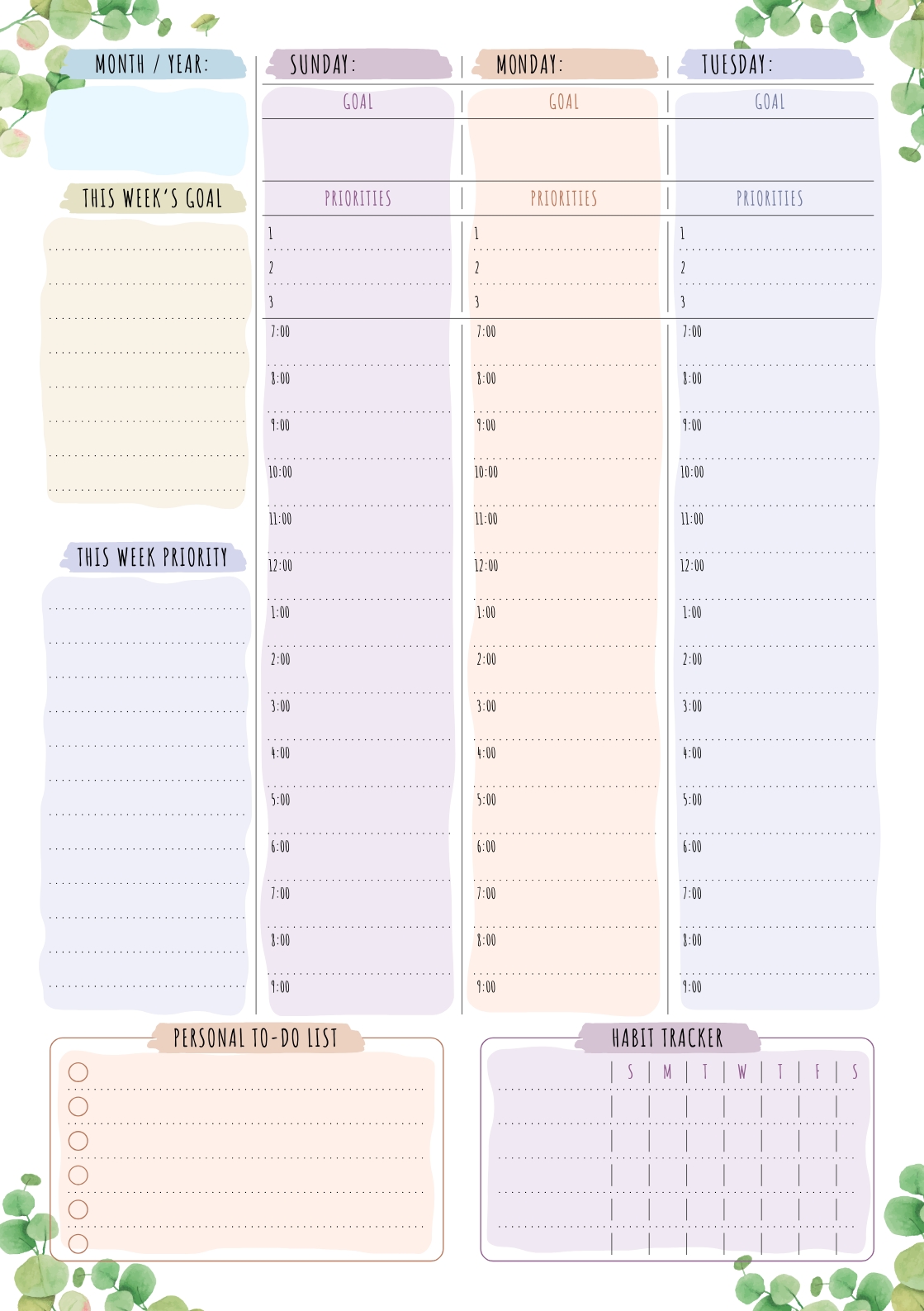 Download Printable Weekly Planner - Floral Style - Undated Pdf