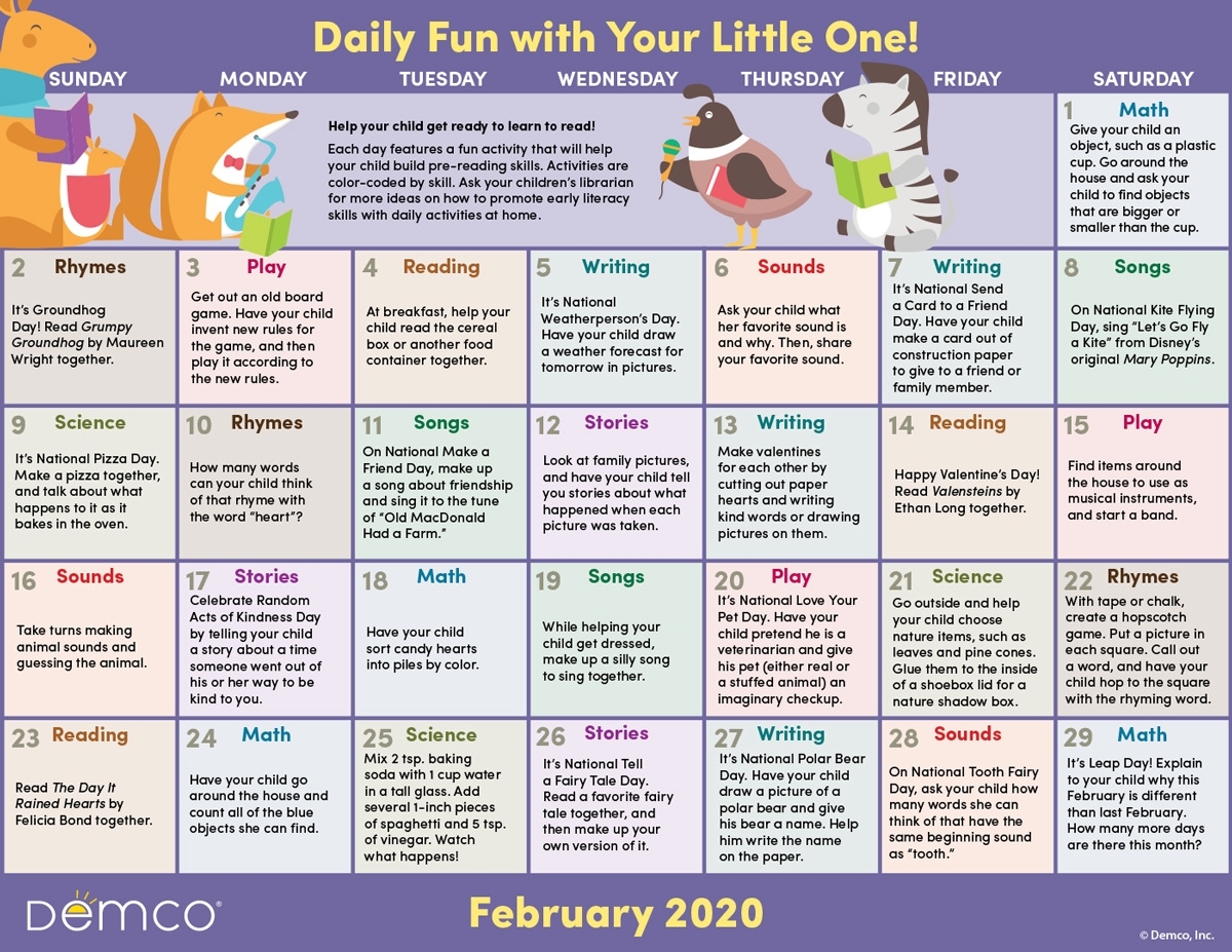 Early Literacy Activities Calendar: February 2020