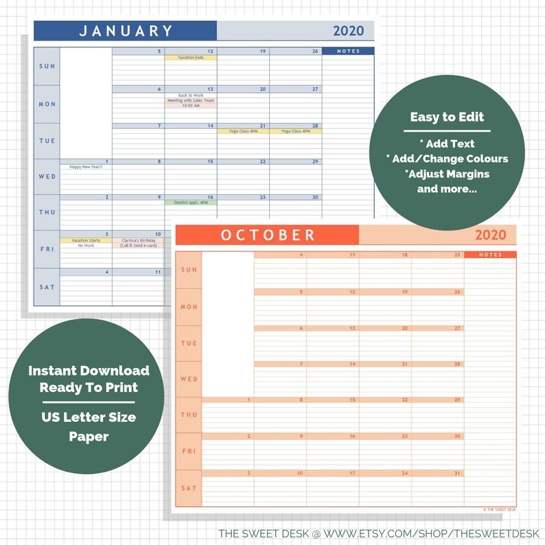 Editable 2020 Excel Calendar Template Lined Vertical | Etsy