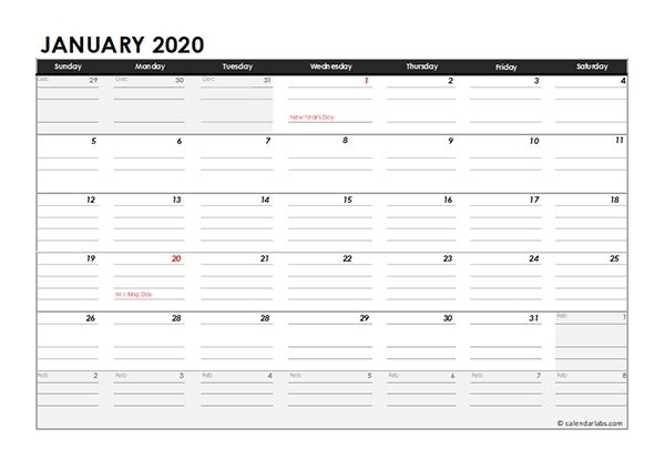 Editable 2020 Monthly Calendar Excel Template - Free