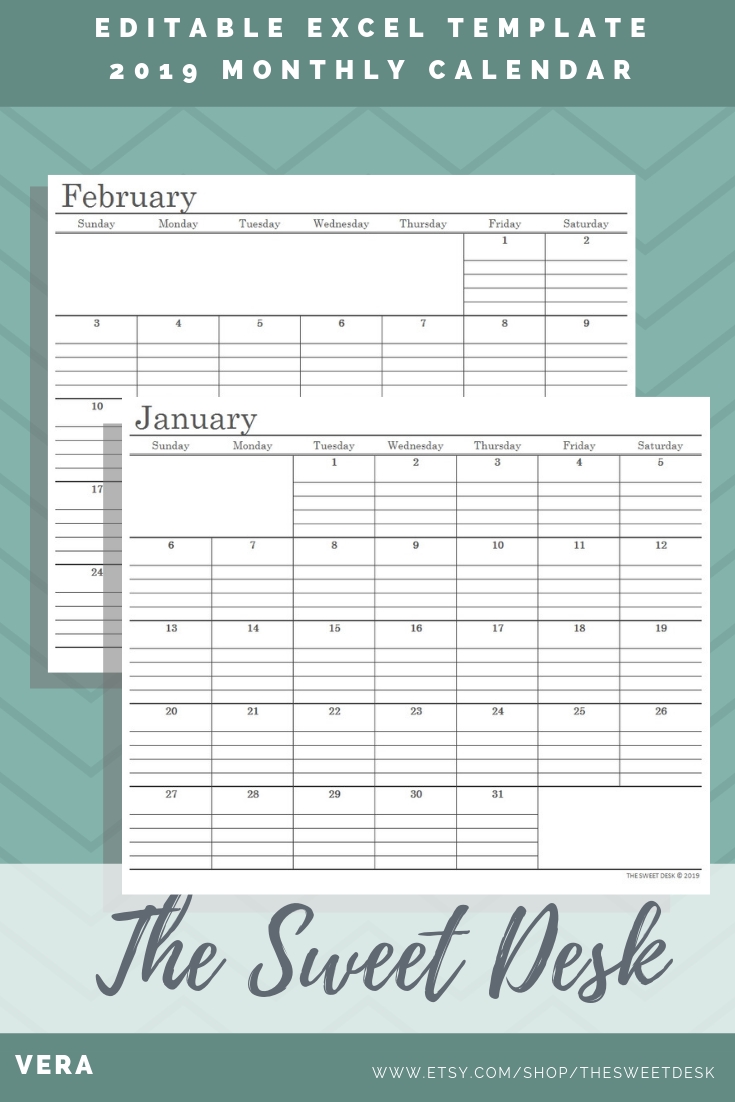 Editable Calendar 2019, Printable Excel Calendar Template