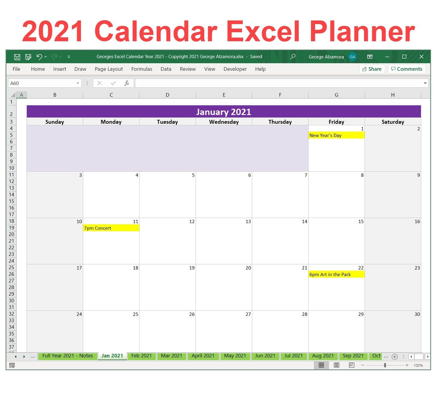 Excel 2021 Calendar Insight Template ~ Addictionary
