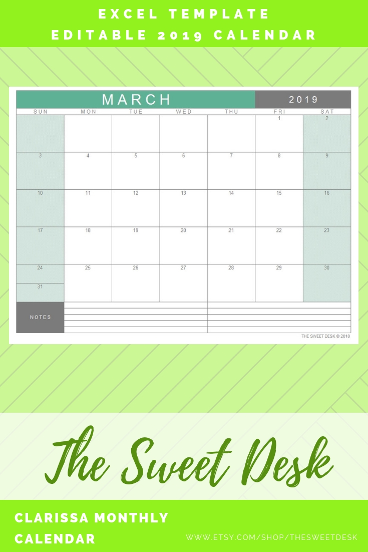 Excel Calendar 2019, Printable Calendar, Editable Monthly