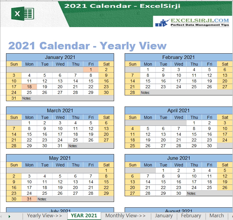 Excelsirji | Excel Utilities/Templates | 2021 Excel Calendar