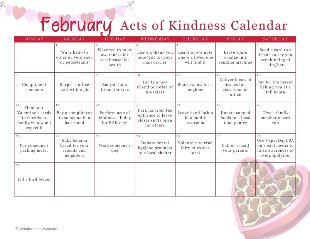 February Acts Of Kindness Calendar