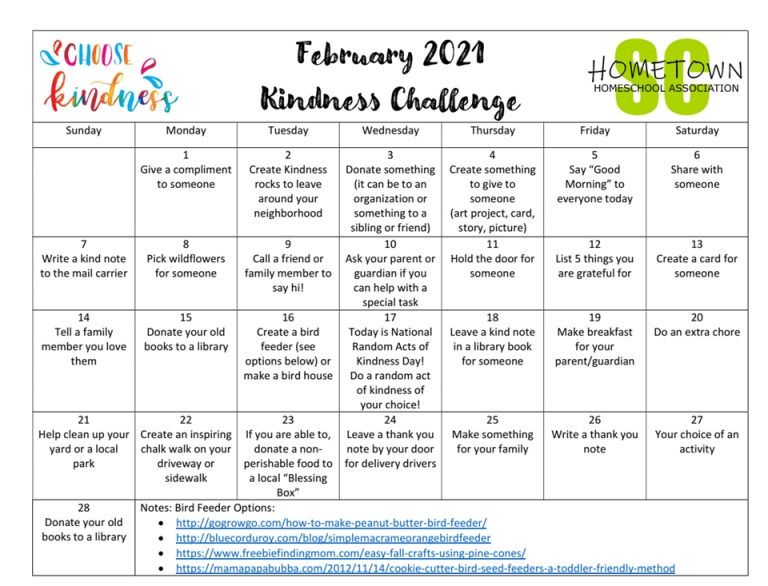 Kindness Calendar February 2021 Month Calendar Printable