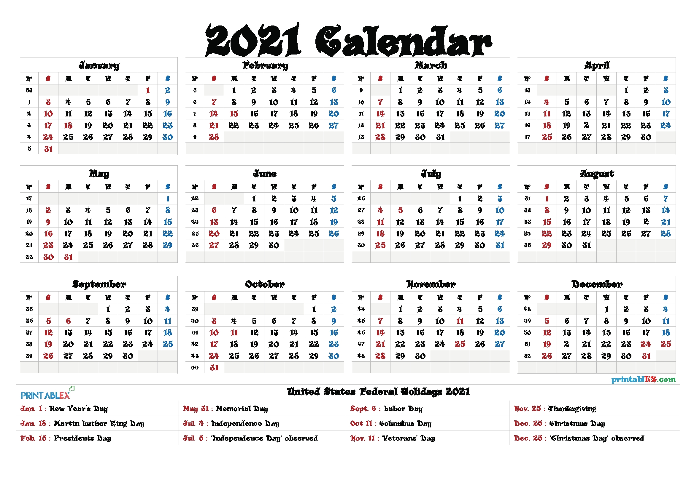 Federal Holidays 2021 Calendar - Example Calendar Printable