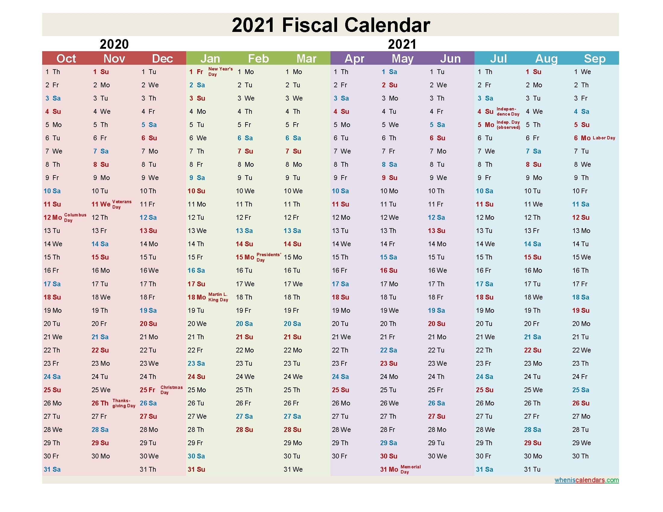 Fiscal Calendar 2021Quarters | Month Calendar Printable