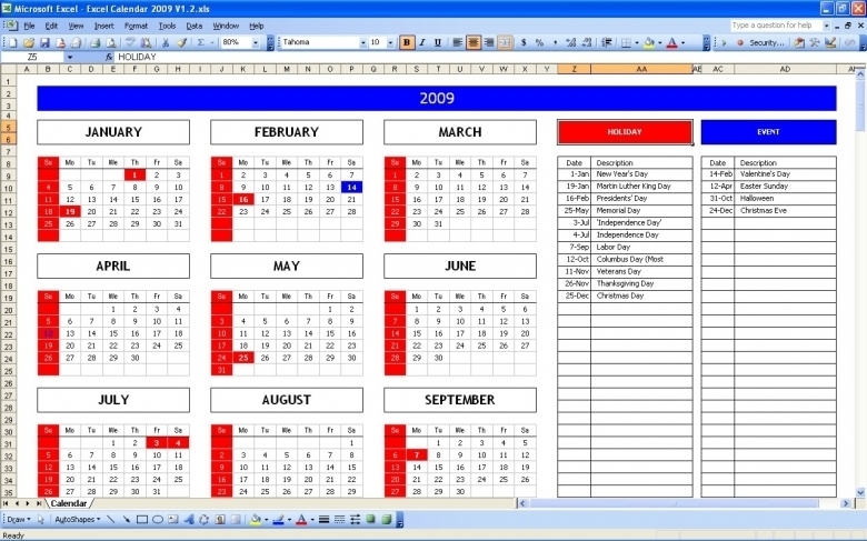 Five Year Calendar Excel :-Free Calendar Template