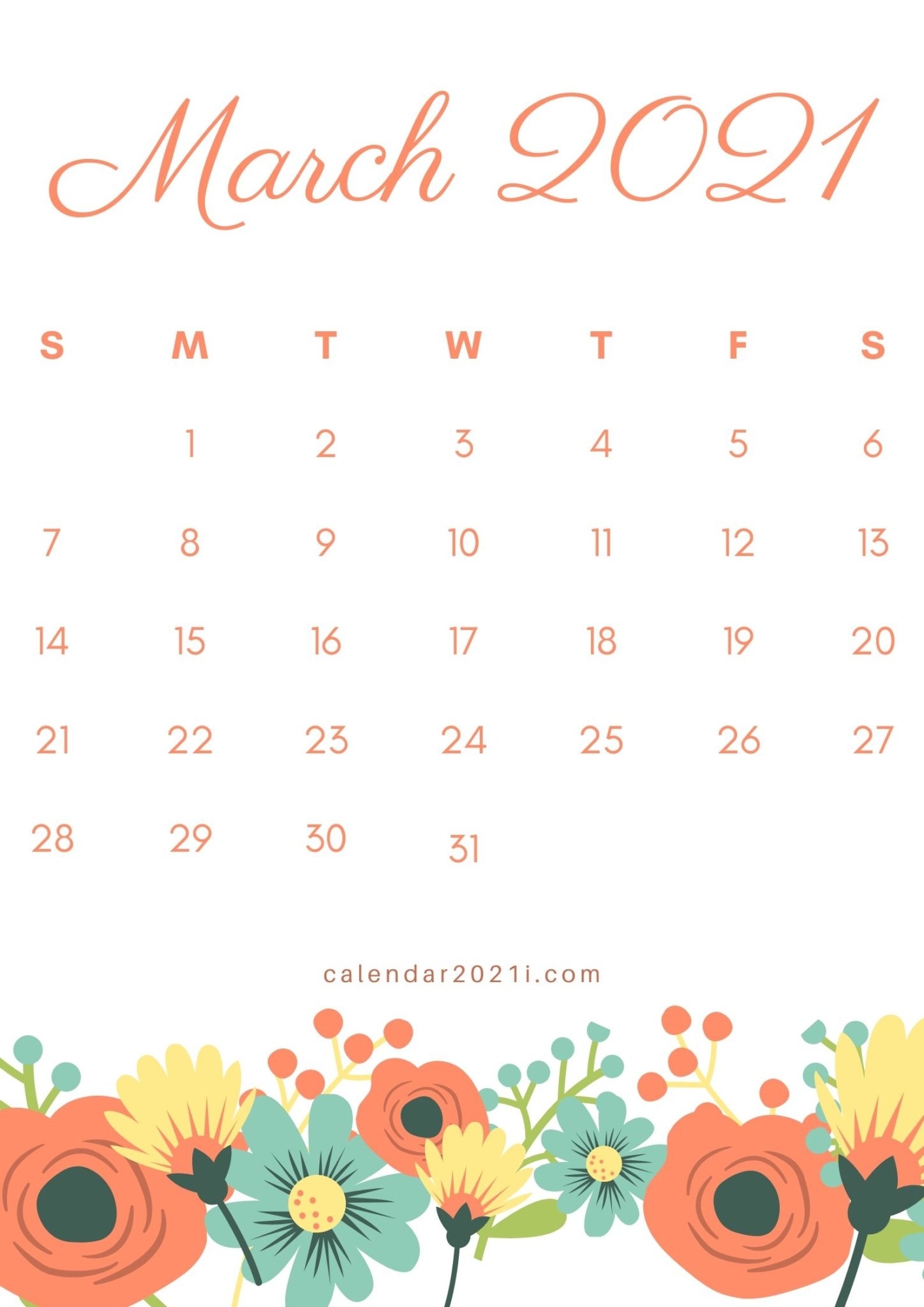 Floral March 2021 Calendar Printable Free Download