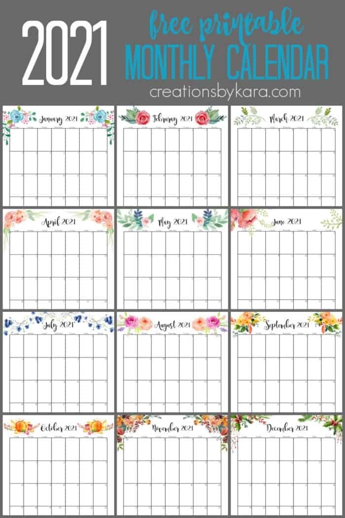 Floral Monthly 2021 Calendar Printable - Creationskara