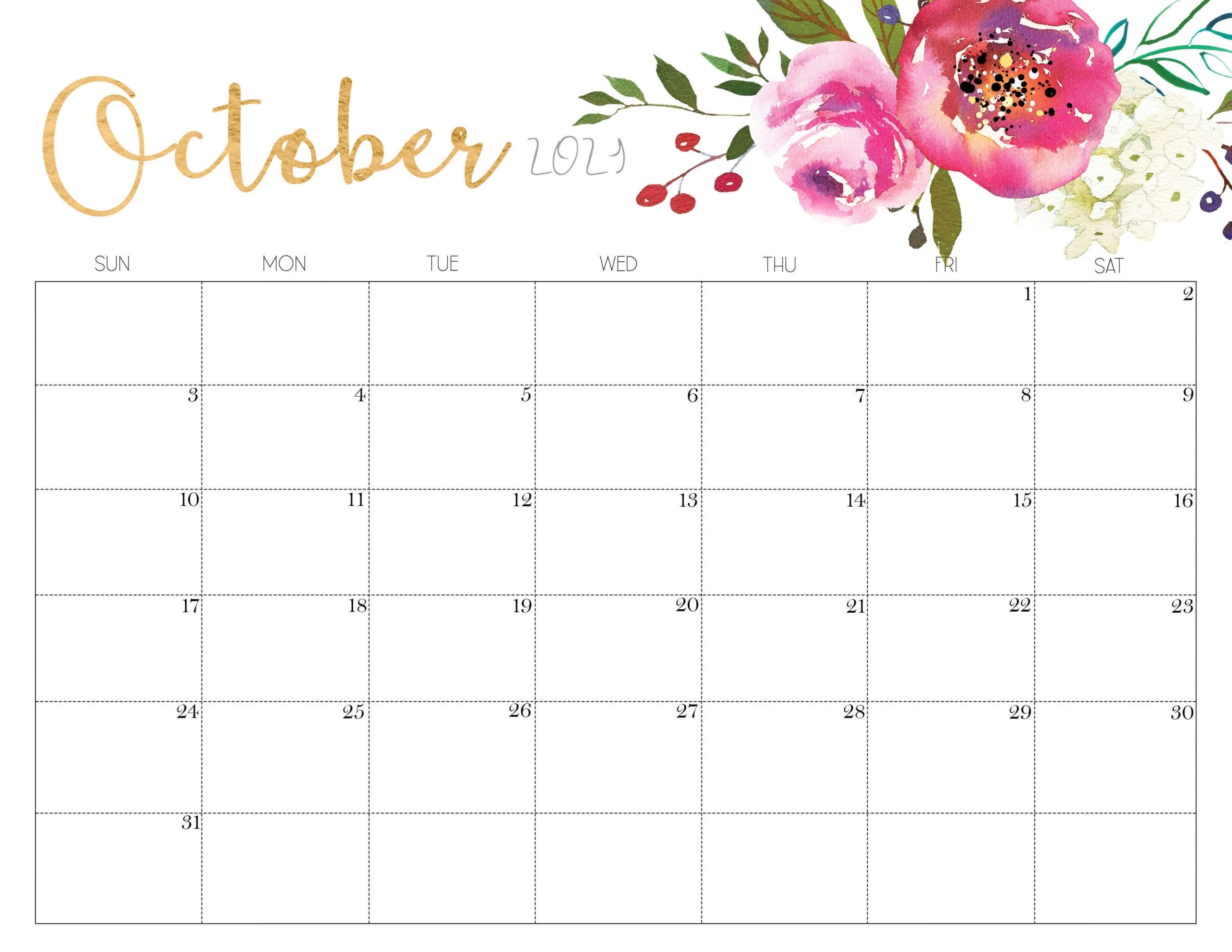Floral October 2021 Calendar Printable - Time Management