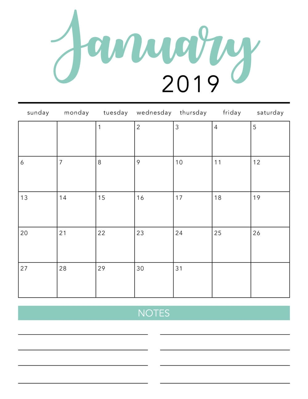 Free 2019 Printable Calendar Template (2 Colors!) - I