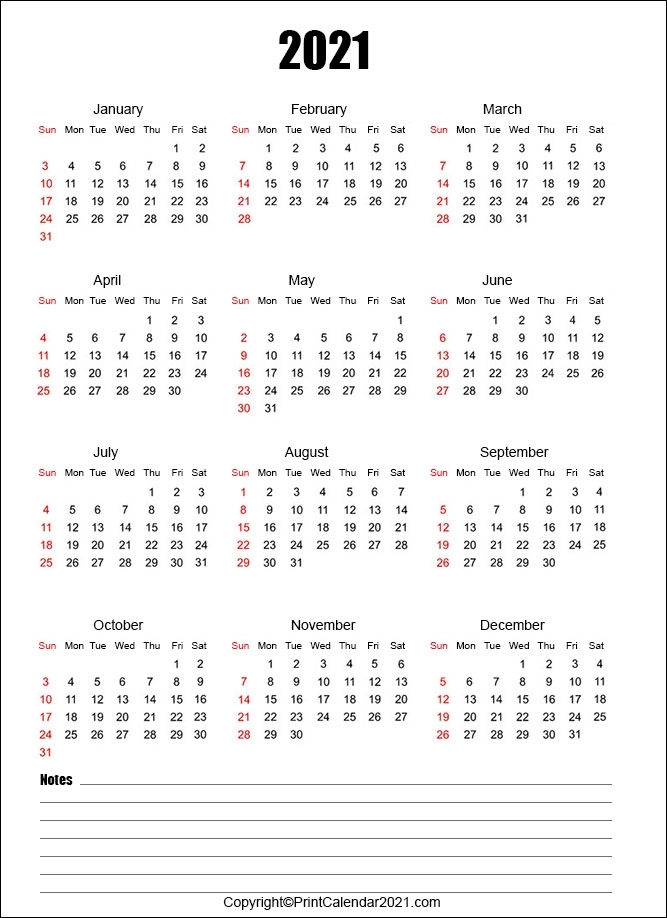 Free 2021 Calendar With Notes