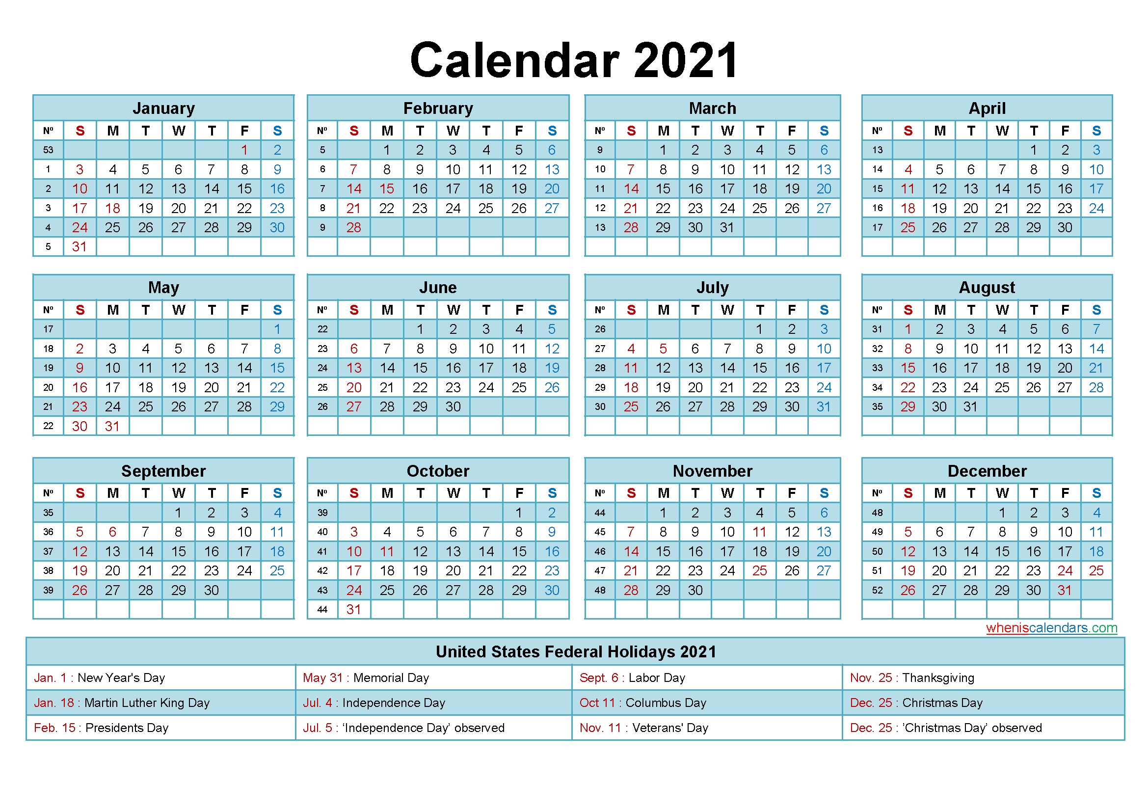 Free 2021 Printable Calendar With Holidays