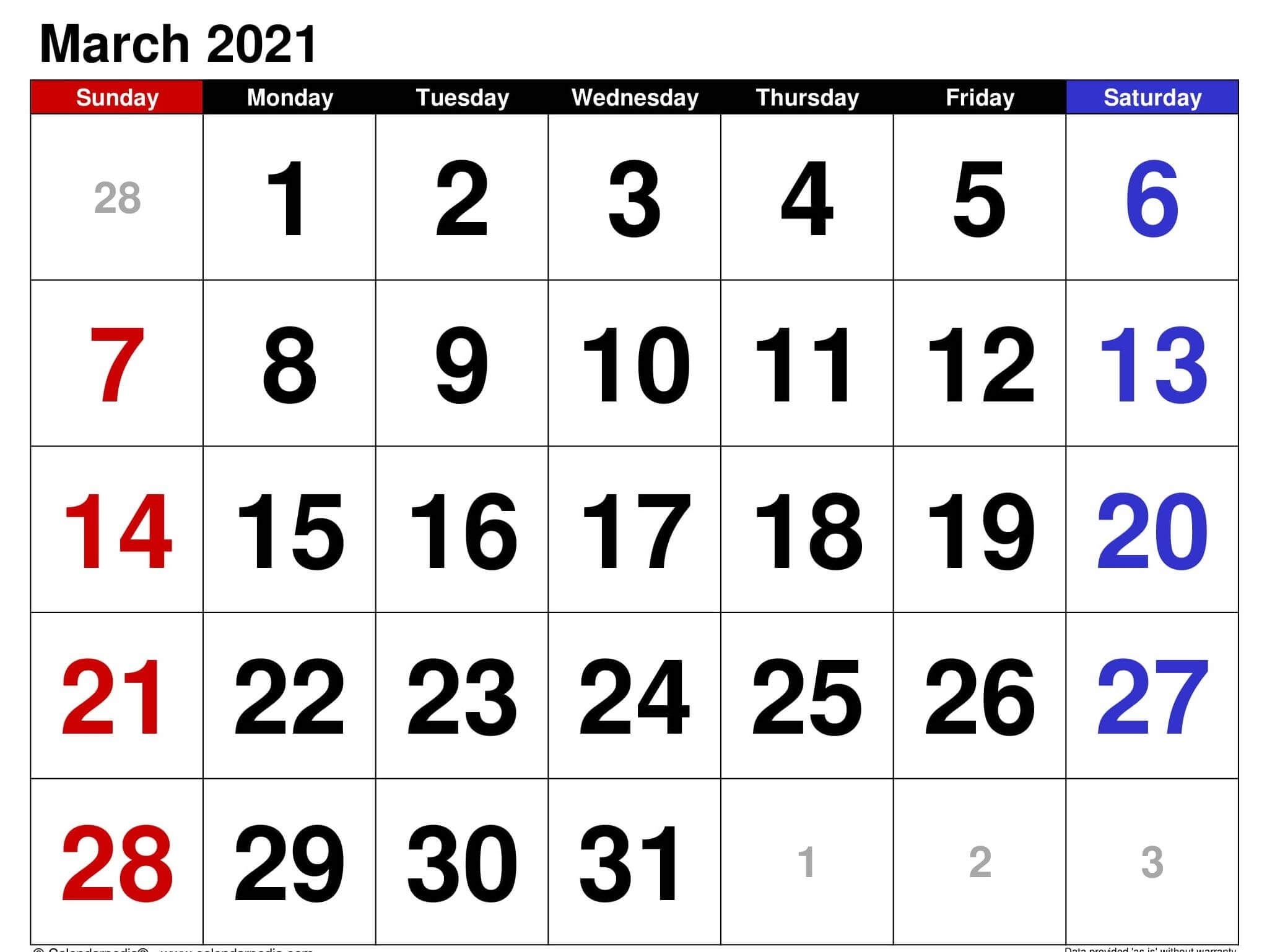 Free Calendar 2021 March Printable Notes Template - One