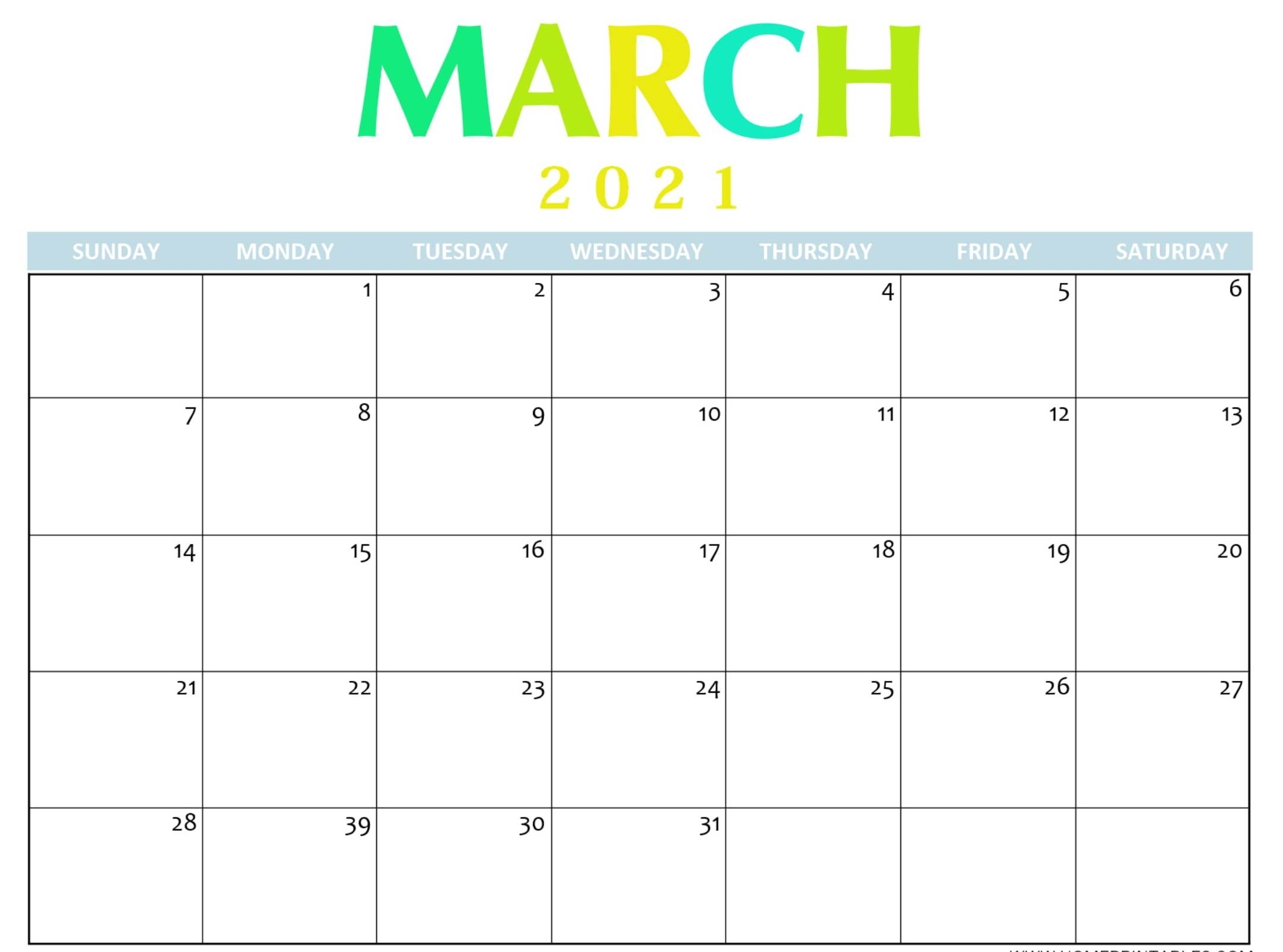 Free Calendar 2021 March Printable Notes Template - One