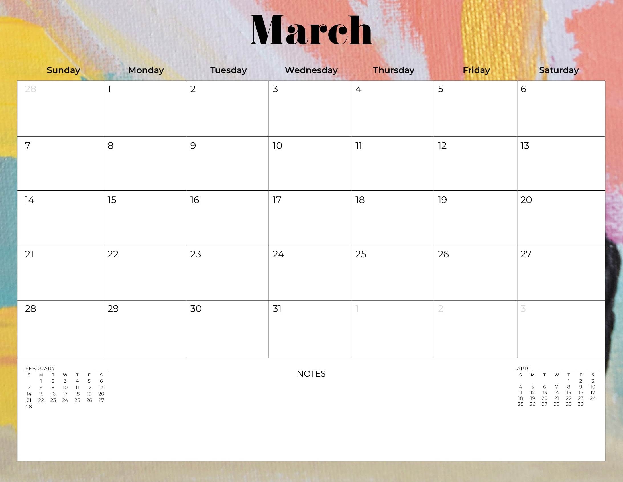 Free Calendar 2021 March Printable Notes Template - One