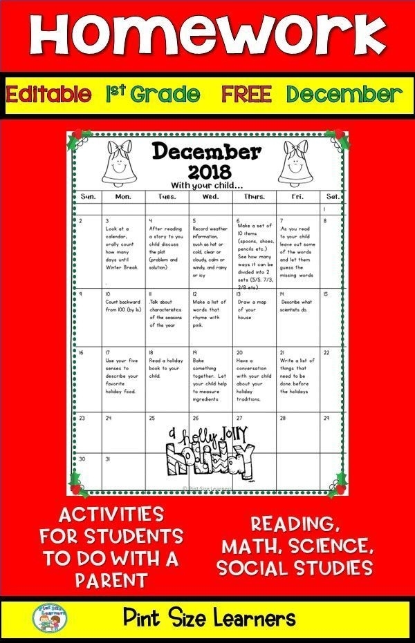 Free Editable First Grade Homework Calendar For Students