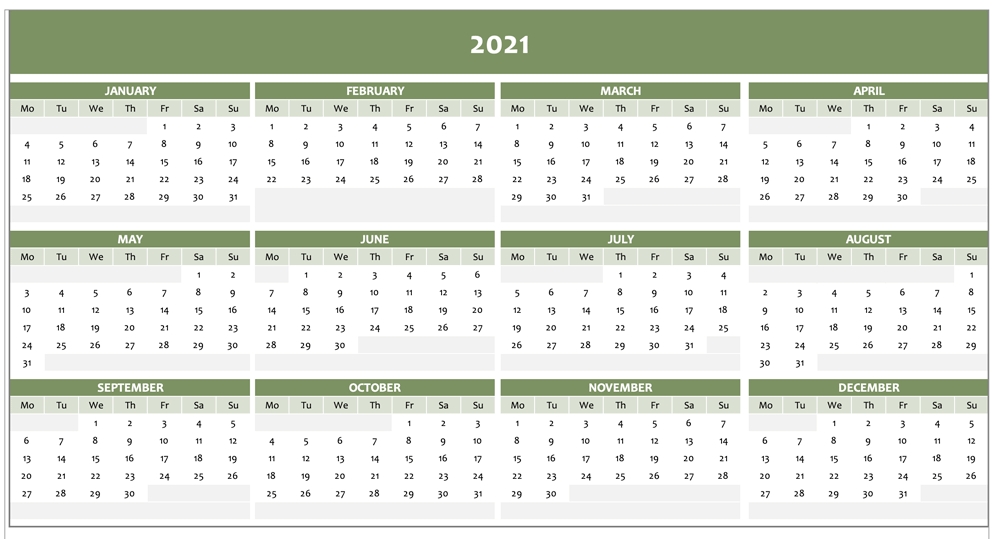 Free Full Year Calendar For 2021 [Excel Template]