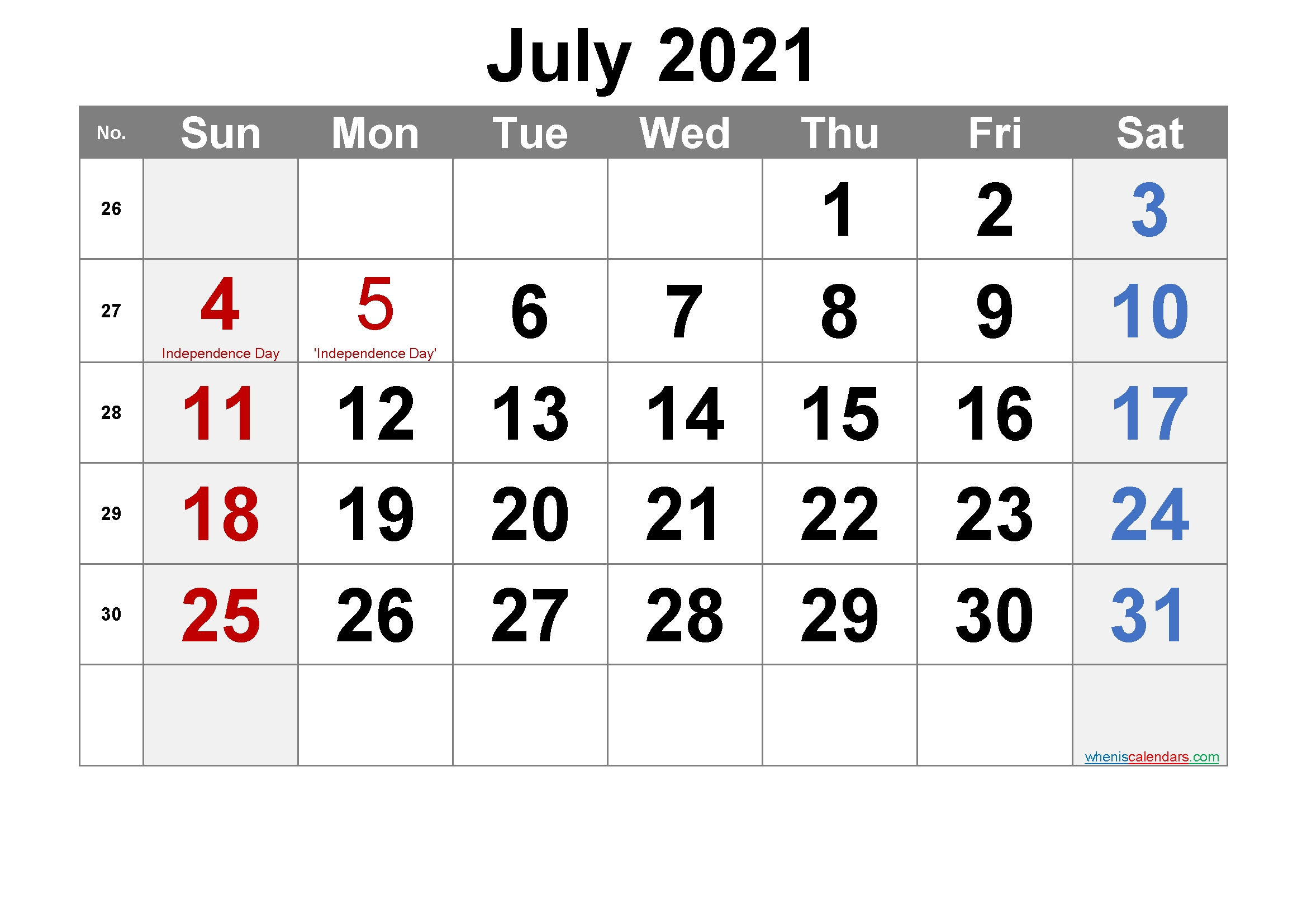 Free July 2021 Calendar Printable - Free Printable 2021