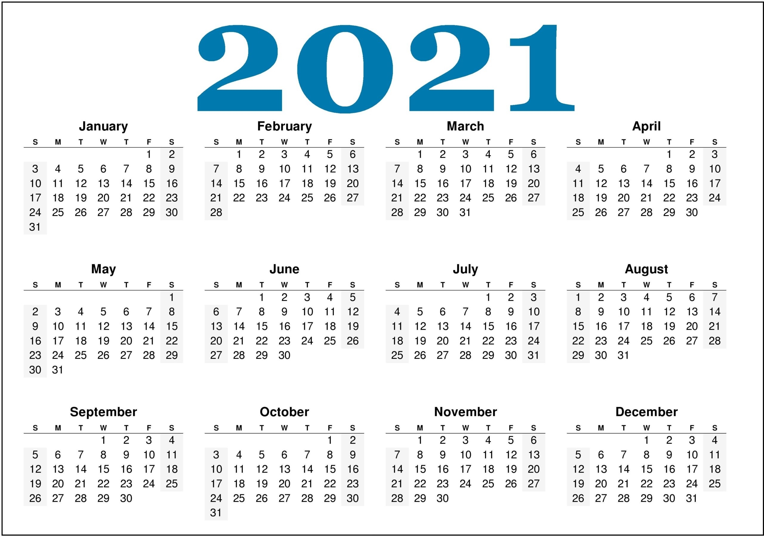 Free Monthly 2021 Printable Calendar Template