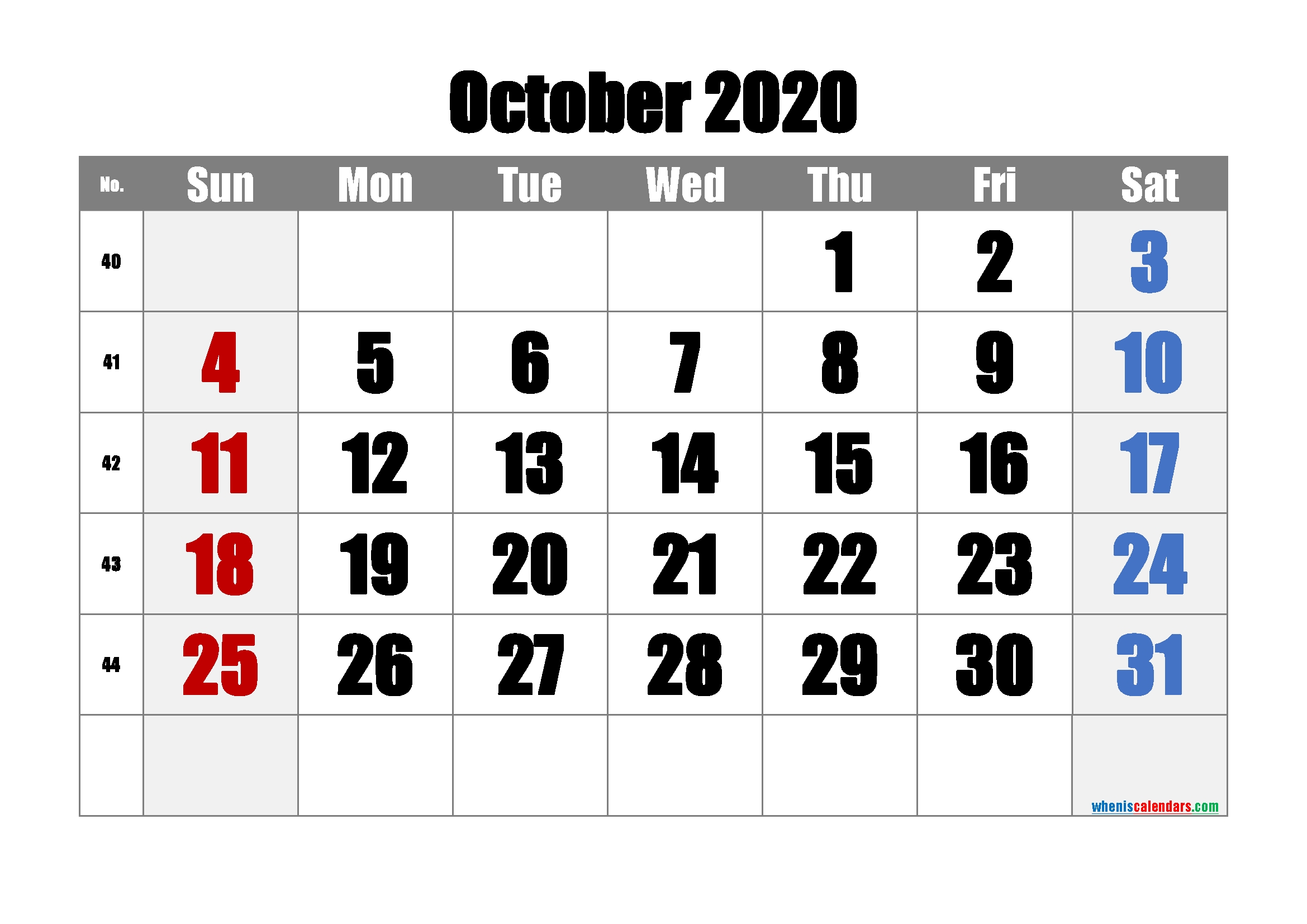 Free October 2020 Calendar With Week Numbers