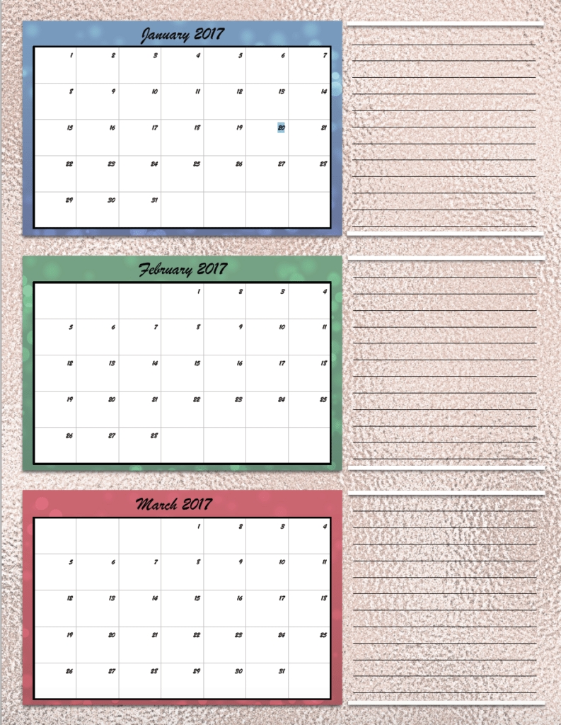 Free Printable 2017 Quarterly Calendars: 2 Different Designs
