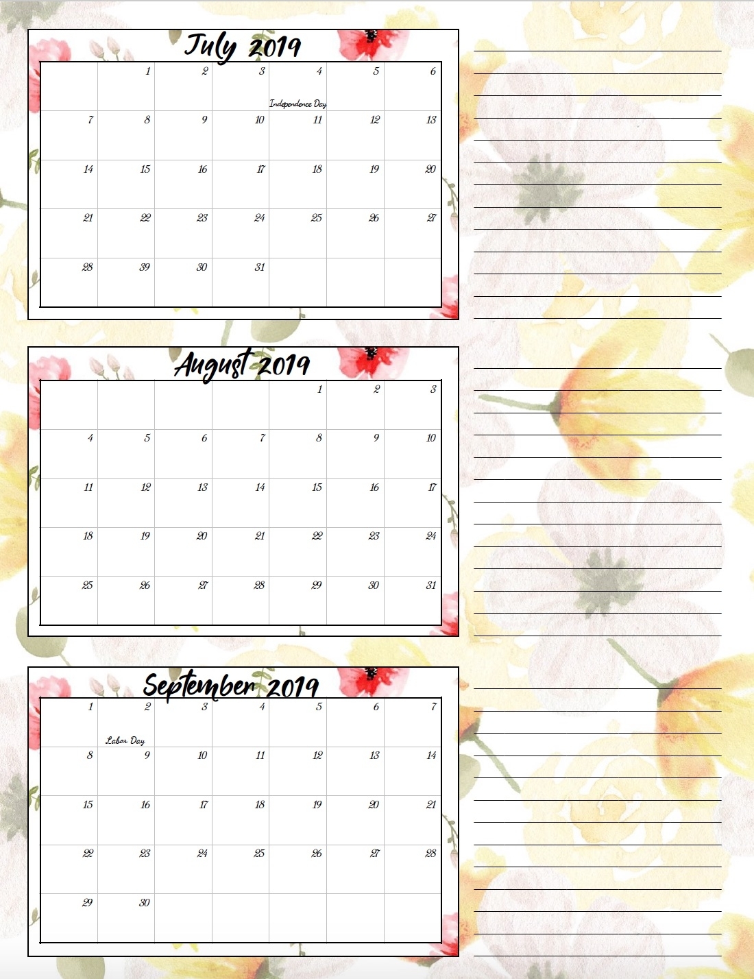 Free Printable 2019 Quarterly Calendars With Holidays: 3