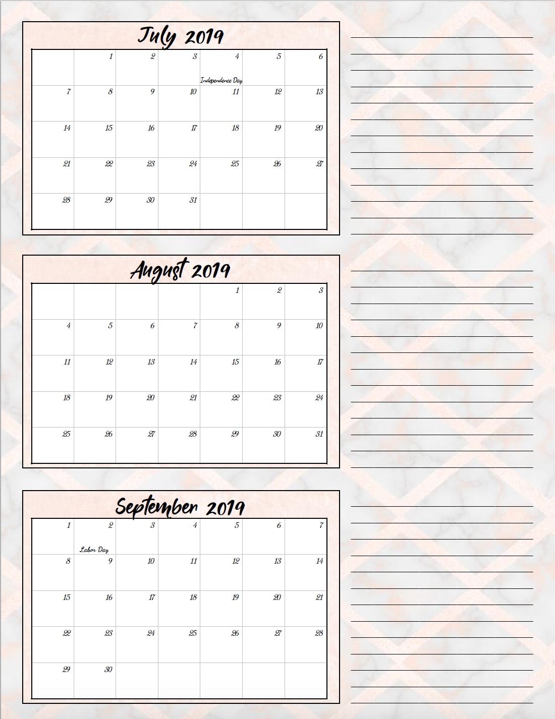 Free Printable 2019 Quarterly Calendars With Holidays: 3