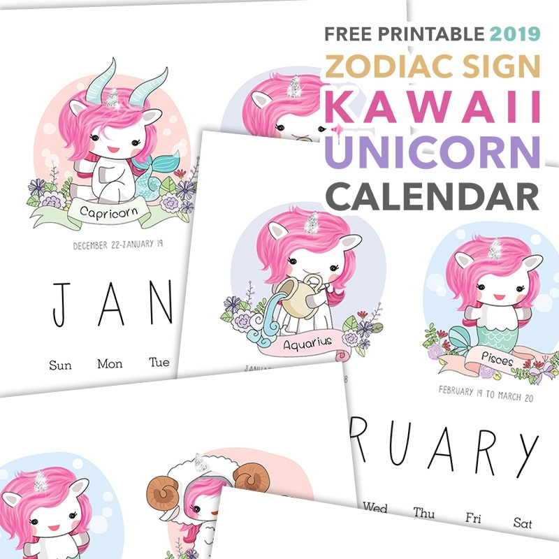 Free Printable 2019 Zodiac Sign Kawaii Unicorn Calendar