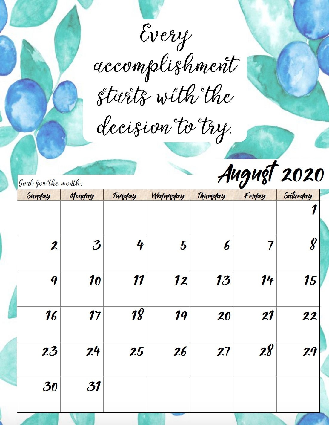 Free Printable 2020 Monthly Motivational Calendars