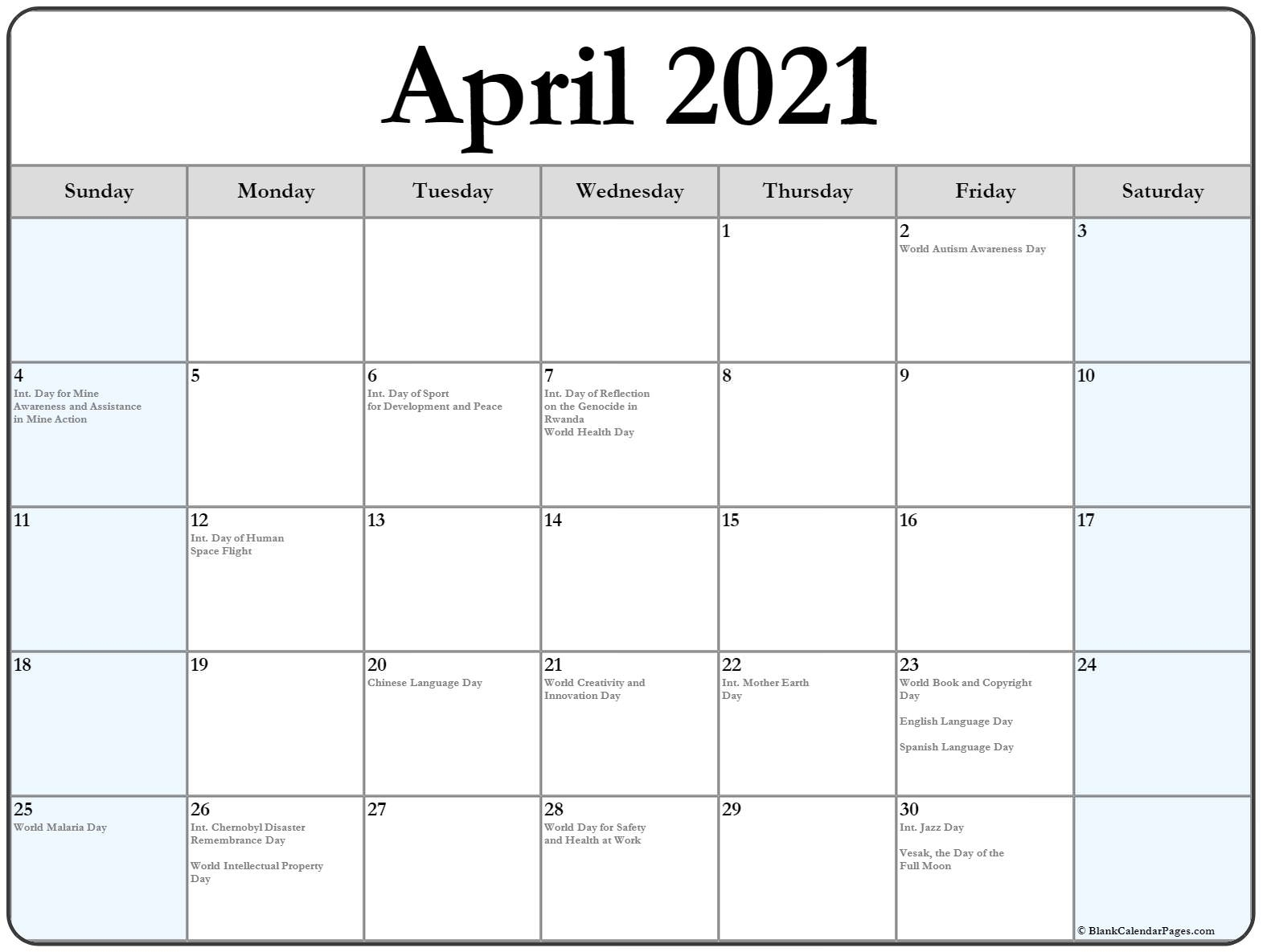 Free Printable 2021 Calendar With Holidays April