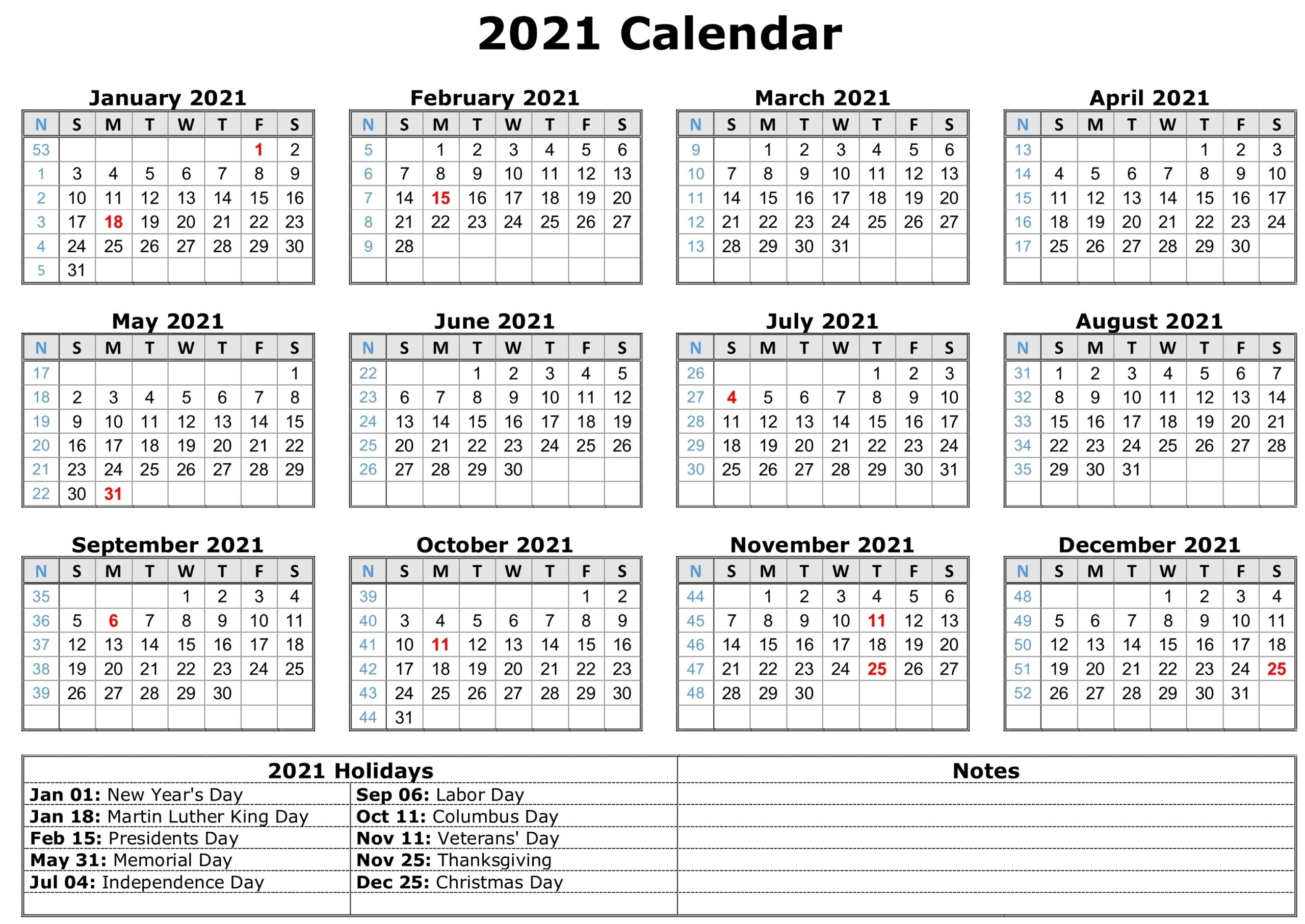 Free Printable 2021 Monthly Calendar With Us Holidays