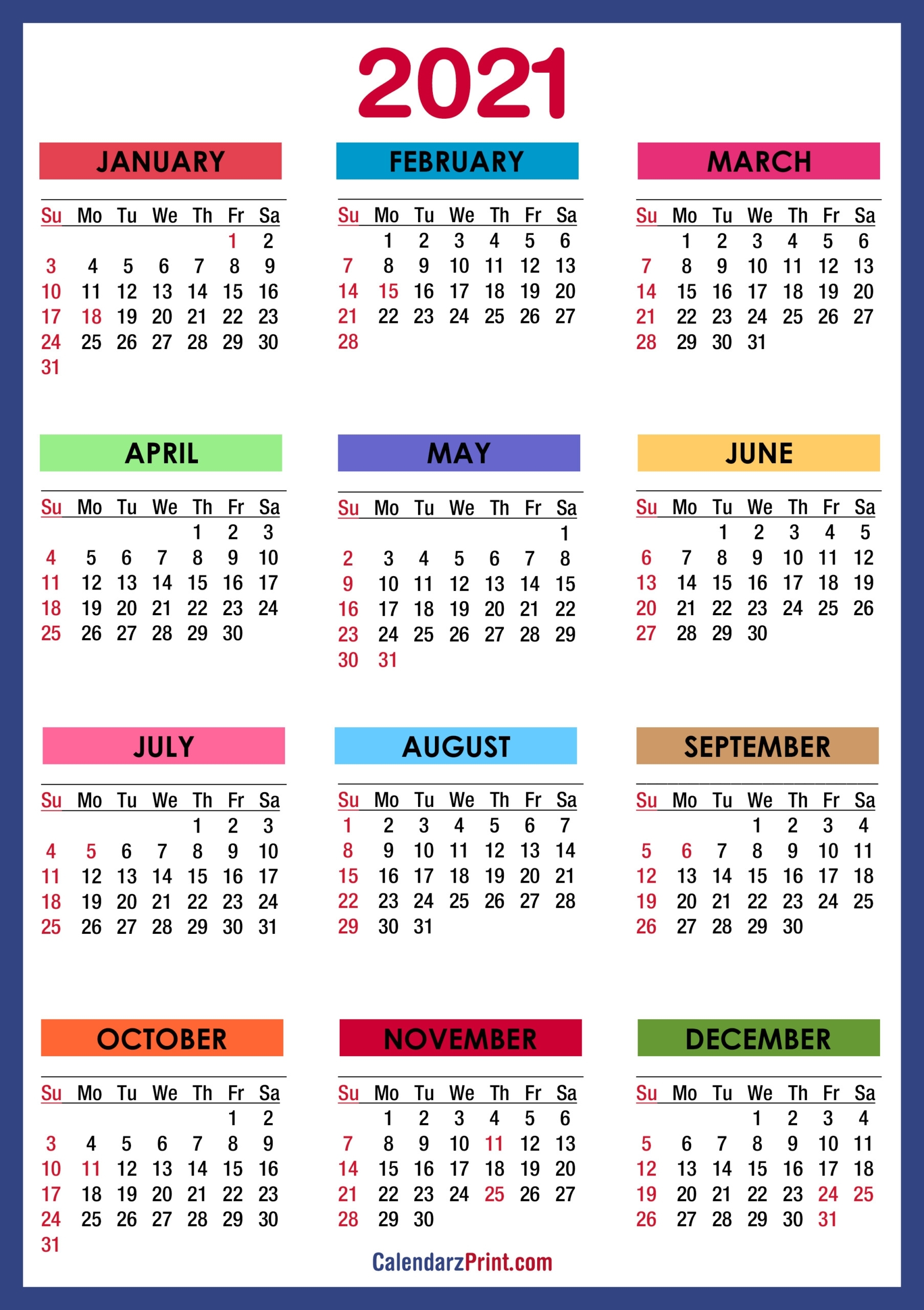 Free Printable 2021 Monthly Calendar With Us Holidays