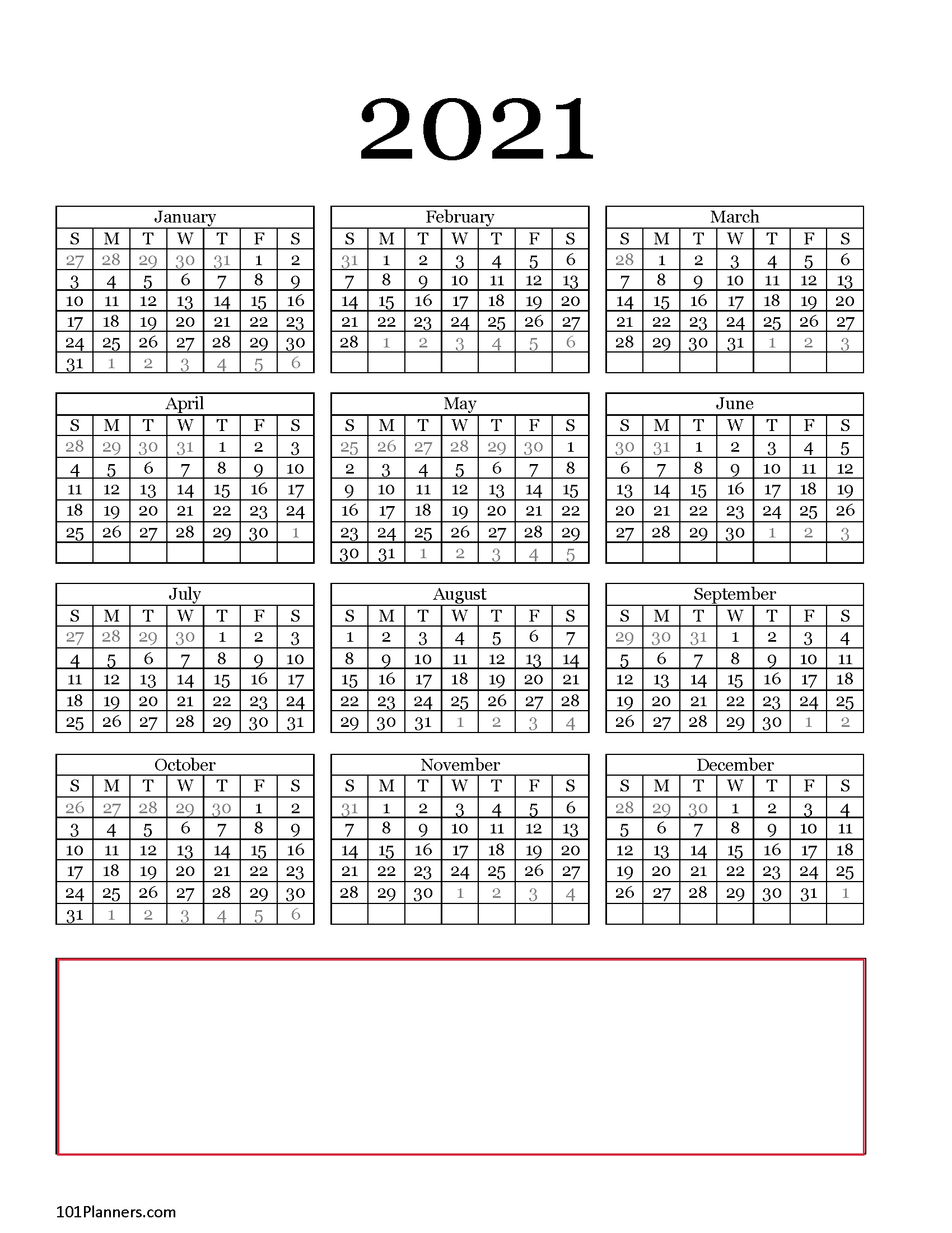 Free Printable 2021 Yearly Calendar At A Glance | 101