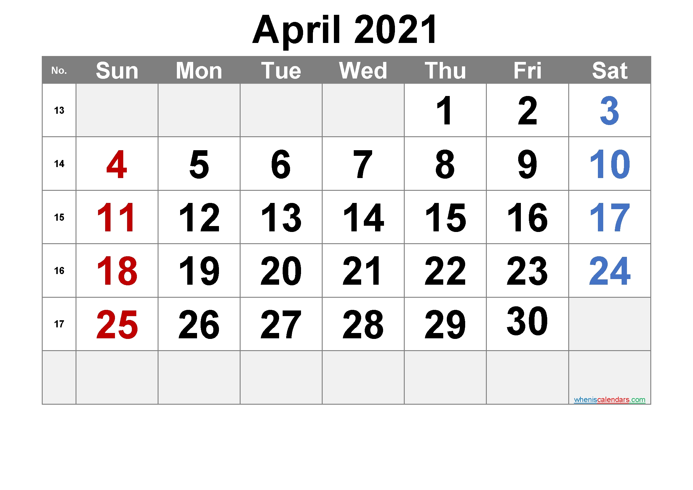 Free Printable April 2021 Calendar With Week Numbers